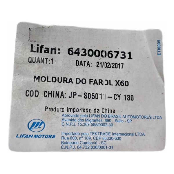 Par Moldura Aplique Farol Milha Lifan X60 2015